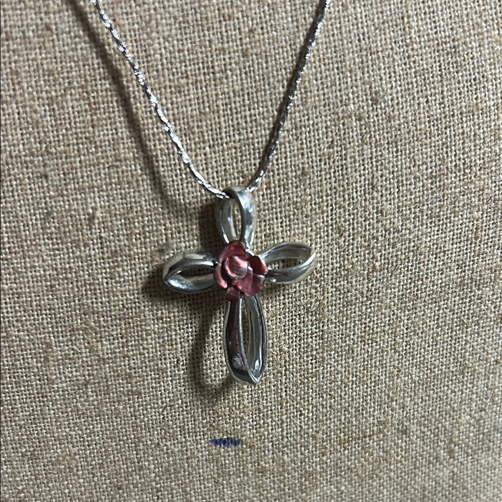 925 Sterling Silver and Pink Rose Cross Pendant Necklace